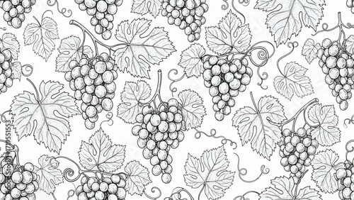 A repeating pattern of detailed black and white line drawings of ripe grape clusters and their vine leaves, creating a botanical illustration.