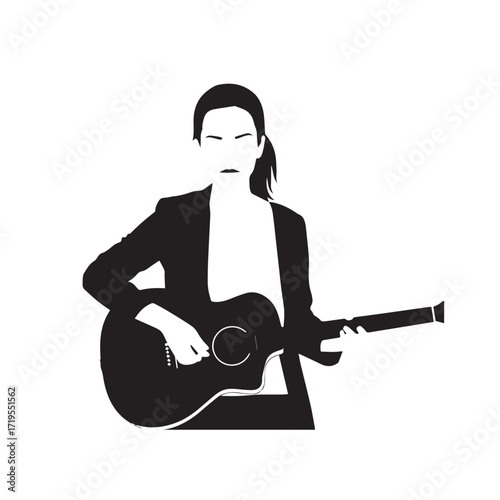 Black and white line art of a cool woman playing guitar in casual outfit minimalist stylish illustration
