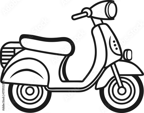 Cartoon outline of a motorbike side view, black line art.