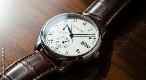 Wallpaper Mural Elegant analog wristwatch with a classic leather strap, showcasing intricate dial details and subdials for a timeless aesthetic Torontodigital.ca