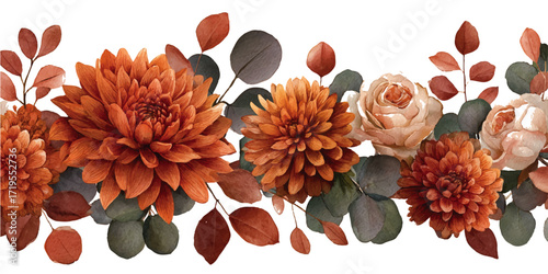 A vibrant autumnal floral arrangement in watercolor featuring vivid red flowers in white background
