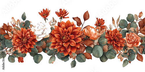 A vibrant autumnal floral arrangement in watercolor featuring vivid red flowers in white background