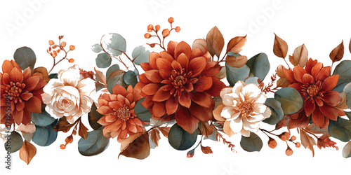 A vibrant autumnal floral arrangement in watercolor featuring vivid red flowers in white background