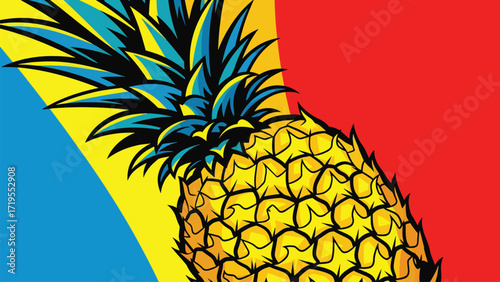 A vibrant, stylized illustration of a ripe pineapple against a bold, abstract background of yellow, blue, and red.