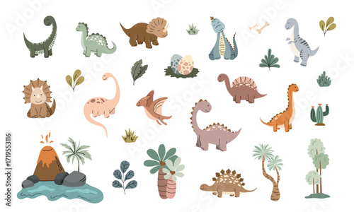 Vector set of cute dinosaurs with prehistoric elements including volcano, dinosaur eggs, trees, leaves, and plants in a playful hand-drawn style