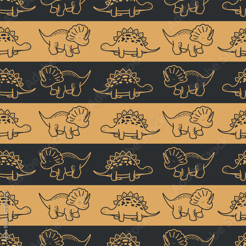 Seamless striped pattern with hand-drawn dinosaurs including triceratops and stegosaurus in outline style on alternating mustard yellow and black backgrounds