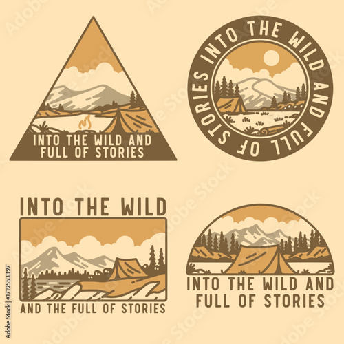 Landscape camping branch retro badge logo design set for adventure. Camping monoline vintage emblem label element designs collections. Tent, Camping, Picnic, Hood, Tilt. Vector Illustration