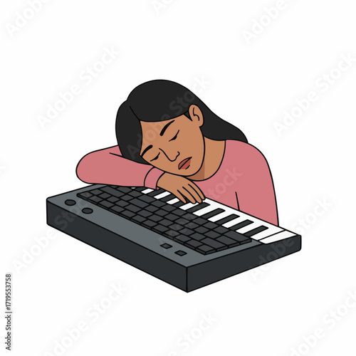 Latina woman resting head on keyboard while feeling tired  
