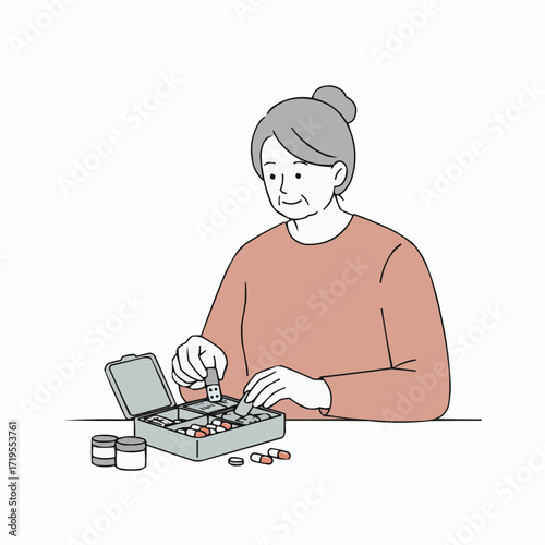 Elderly woman organizing medication in pillbox at home  