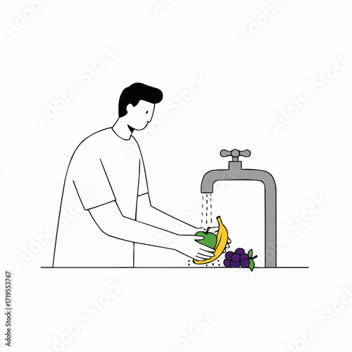 Man rinsing green apple and banana under faucet in kitchen  