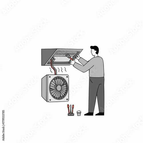Man repairing bathroom extractor fan with tools and wires  