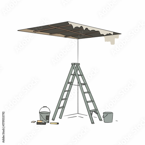 Step ladder under unfinished ceiling with painting tools nearby  