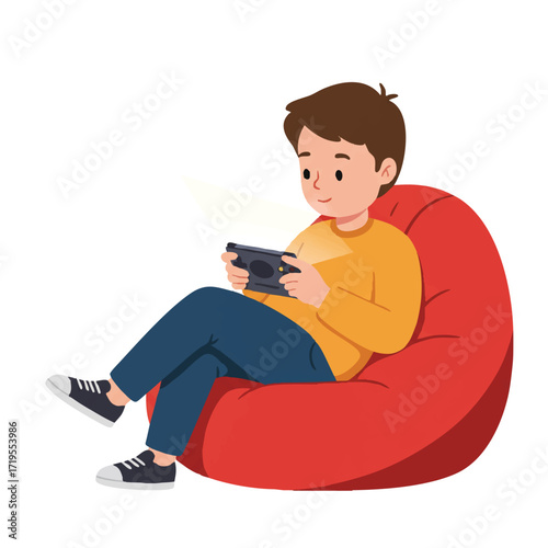Flat 2D vector illustration of a calm young boy lounging on a bean bag chair, fully engrossed in playing a handheld gaming console, his face illuminated by a subtle screen glow.