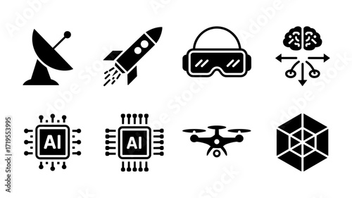 A set of futuristic black vector icons featuring technology and innovation themes. Includes satellite dish, rocket, VR goggles, brain with network, AI chips, drone, and a 3D cube symbol.
