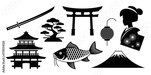 Vector icons representing traditional Japanese culture, including a katana sword, bonsai tree, torii gate, geisha, Japanese temple, koi fish, lantern, and Mount Fuji. Perfect for travel content, cultu
