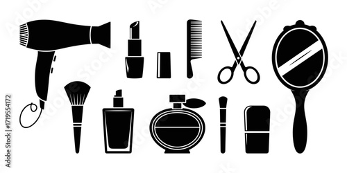 Vector icon set featuring beauty and personal care items, including makeup tools, perfume bottles, hairdryer, mirror, lipstick, and brushes. Perfect for fashion, cosmetics, beauty salon branding, and 