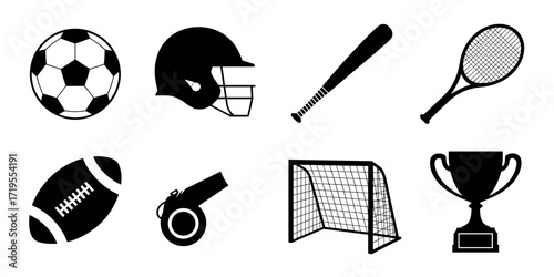 Set of vector sports icons including soccer ball, American football helmet, baseball bat, tennis racket, football, whistle, goal net, and trophy.
