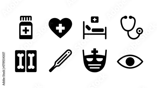 Collection of 8 medical vector icons including heart, hospital bed, stethoscope, thermometer, x-ray, and medicine
