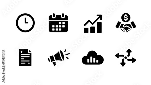 Collection of 8 business vector icons including clock, calendar, chart, handshake, document, megaphone, cloud and arrows
