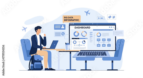 Big Data Infographic Illustration of a Man Analyzing Dashboard with Charts and Graphs