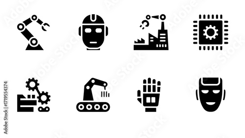 Collection of 8 robotics vector icons including robot arm, factory, chip, robot face, gear and robotic hand
