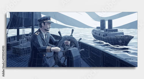 Blue voyage low poly illustration, captain at the helm navigating on the ocean towards a distant