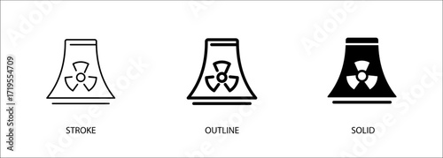 Nuclear icon with cooling tower for industry, nuclear power plant, energy, environment. Vector stroke, outline and solid icon. Eps10 file.