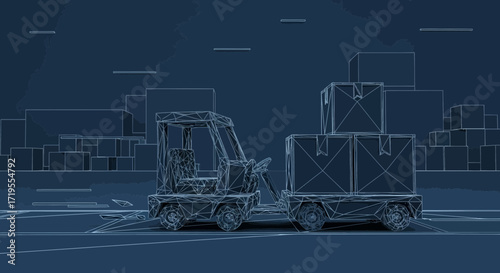 Blue wireframe rendering of a forklift carrying boxes in an industrial environment