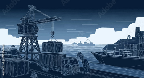 Blueprint design of a bustling port showcasing global trade and logistical operations in shipping