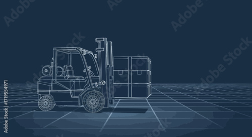 Blueprint forklift design with cargo boxes on grid background for industrial concept