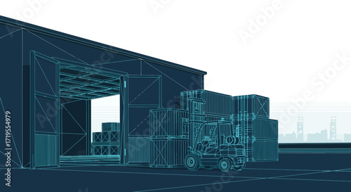 Blueprint design of a warehouse with containers, a forklift and a city skyline background