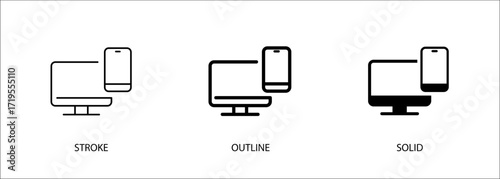 Computer icon with phone for contact, two step verification, technology, devices. Vector icon stroke, outline and solid. Eps10 file.