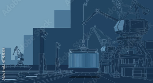 Blueprint illustration showcasing a bustling cargo port with cranes and container ship