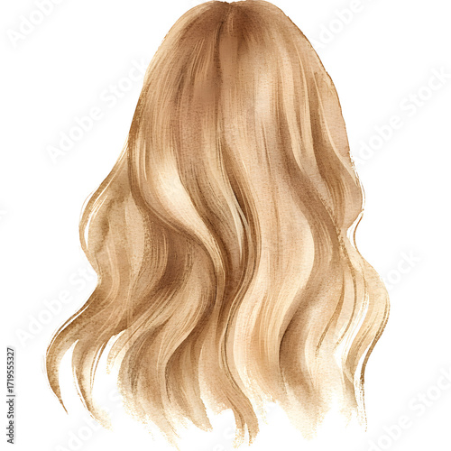Watercolor long blonde hair back view, natural wavy hairstyle illustration for beauty, salon, or fashion design