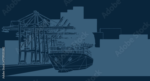 Blueprint of a cargo ship being loaded by cranes at a port terminal background