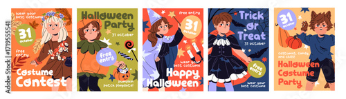 Set of Halloween masquerade event poster design. Advertising templates of Helloween party or carnival for kids. Promotion layouts with children wearing cute festive costumes. Flat vector illustrations