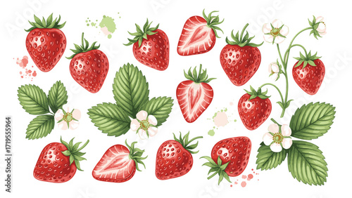 A vibrant watercolor illustration showcasing a collection of ripe, red strawberries, some whole and some sliced, interspersed with green leaves and delicate ...