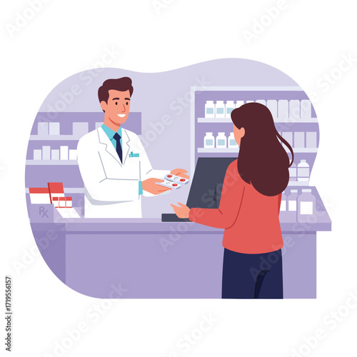 Vector art of pharmacist handing medication to customer at pharmacy counter with shelves of medicine in background