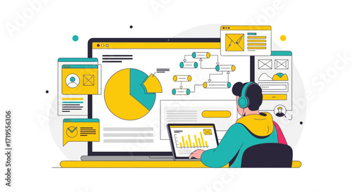 Concept of data analysis and design process with woman working on a computer systems and diagrams