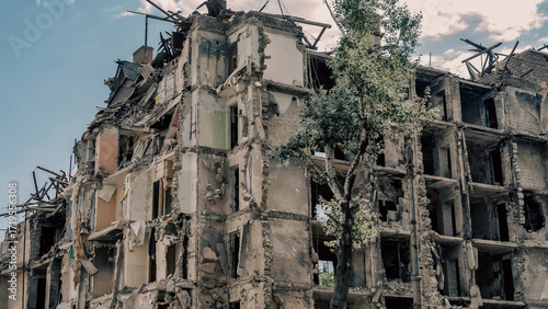 ruined street and destroyed houses the city Kiev war in Ukraine