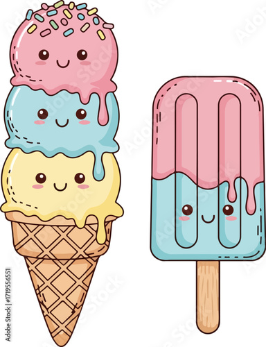 Cute Kawaii Ice Cream and Popsicle Cartoon Illustration