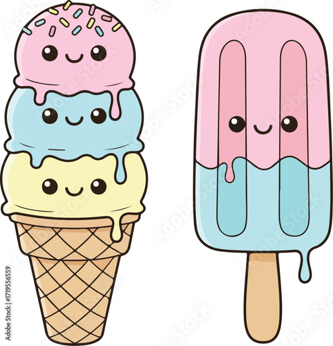 Cute Kawaii Ice Cream and Popsicle Cartoon Illustration