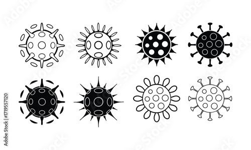 Black and white illustration of various virus and bacteria shapes and forms silhouette