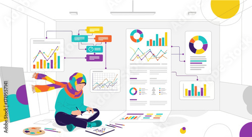 Creative data visualization process with insights development in modern workspace
