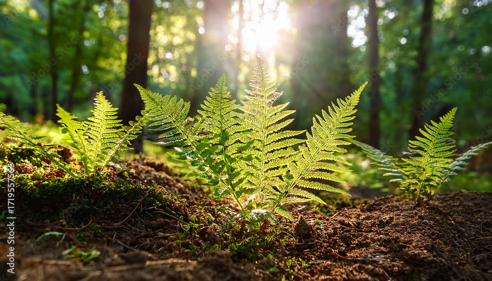 Fototapeta premium Fresh Green Fern Leaves Growing From Rich Soil In Forest Illuminated By Soft Sunlight Symbolizing New Life Hope And Natural Beauty In Peaceful Woodland Environment