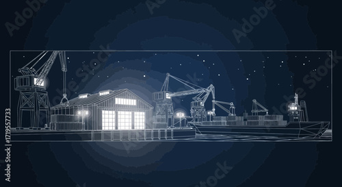 Nighttime Port Scene Blueprint Style Illustration with Cranes and Cargo Ship, Industry Visualization