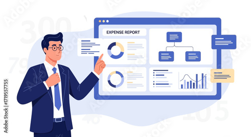 Professional presenting expense report on dashboard with financial data analysis illustration