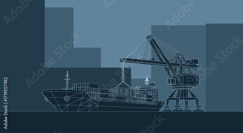 Stylized port scene featuring cargo ship and crane with geometric shapes and modern design