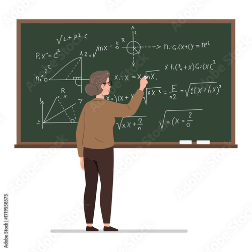 Vector art of a female teacher or professor writing mathematical formulas and equations on a green chalkboard
