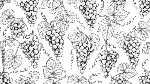 A repeating pattern of hand-drawn grape clusters and vine leaves, rendered in a delicate black and white sketch style, creating a natural and organic textile design.